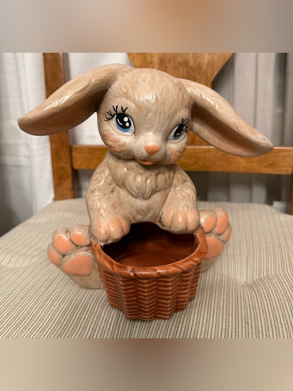 Rare Large Ceramic Bunny Planter Vintage - Beige and Peach Decorative Basket